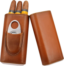 Load image into Gallery viewer, Genuine Leather Cigar Case, Wood Lined Humidor with Cutter
