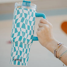 Load image into Gallery viewer, Aqua Checkered Pattern Tumbler Cup w/ Handle