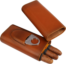 Load image into Gallery viewer, Genuine Leather Cigar Case, Wood Lined Humidor with Cutter