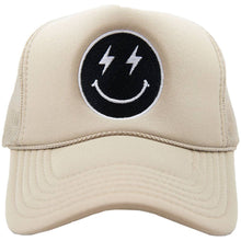 Load image into Gallery viewer, Black Lightning Happy Face Foam Trucker Hat (Khaki)