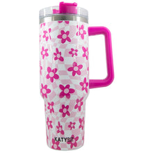 Load image into Gallery viewer, Pink Flower w/ Groovy Checkered Tumbler w/ Handle